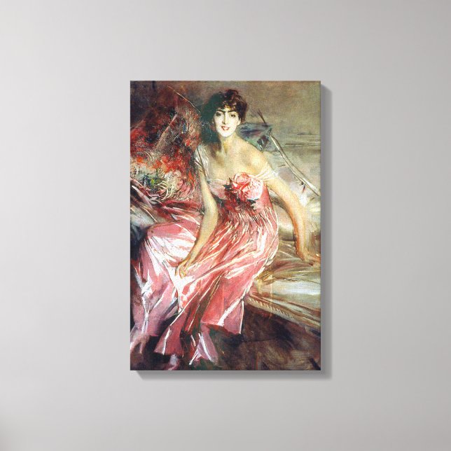 Impressão Em Tela Bonita senhora em vestido rosa (Giovanni Boldini) (Frente)