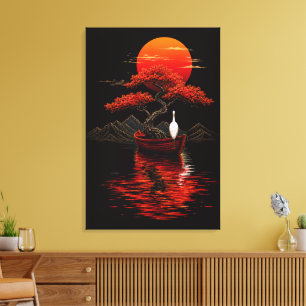 Impressão Em Tela Bonsai do Pôr do Sol Carmesim – Paisagem Zen Japon