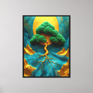 Impressão Em Tela Bonsai Dourado Luar – Queda d'Água Azul-Piscina Pa