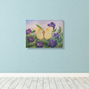 Impressão Em Tela Borboleta Amarela Com Flores