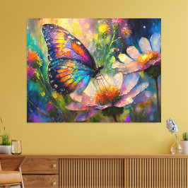 Impressão Em Tela Borboleta colorida e flores silvestres no nascer d