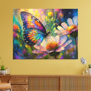 Impressão Em Tela Borboleta colorida e flores silvestres no nascer d