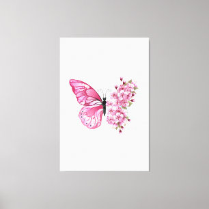 Impressão Em Tela Borboleta Flor com Sakura Rosa