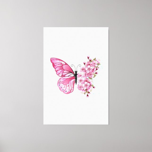 Impressão Em Tela Borboleta Flor com Sakura Rosa (Frente)