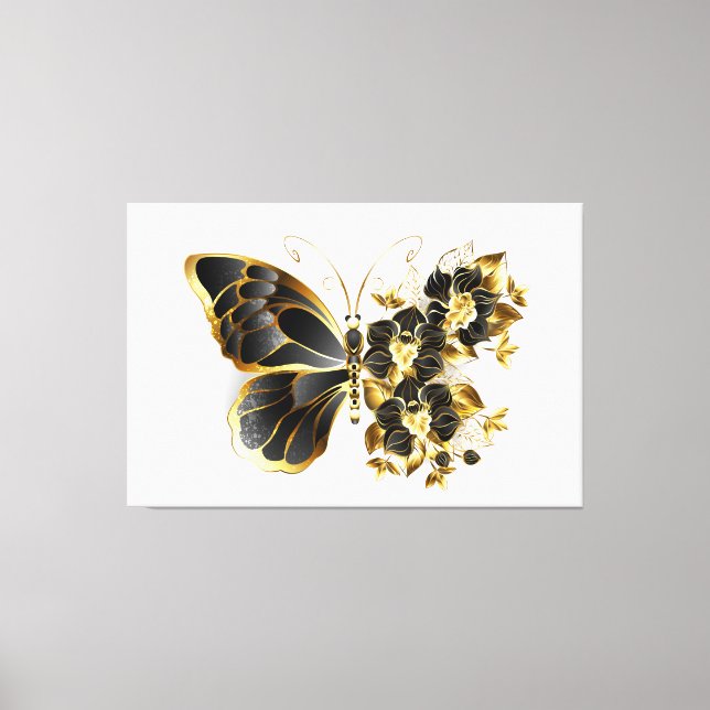 Impressão Em Tela Borboleta Flor Dourada com Orquídea Preta (Frente)