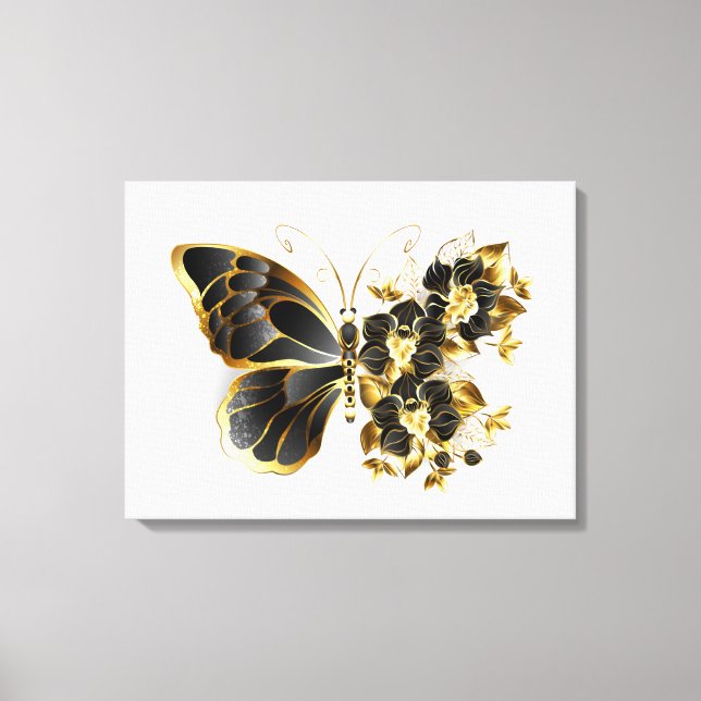 Impressão Em Tela Borboleta Flor Dourada com Orquídea Preta (Frente)