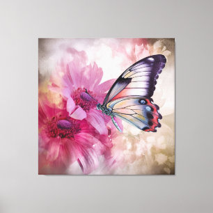 Impressão Em Tela Borboleta Sonhadora com Flores Rosa