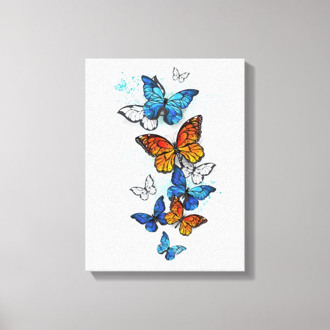 Impressão Em Tela Borboletas voadoras Morpho e Monarca (Frente)