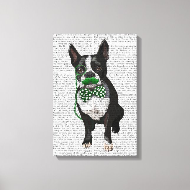 Impressão Em Tela Boston Terrier com bigode verde e gravata picada (Frente)