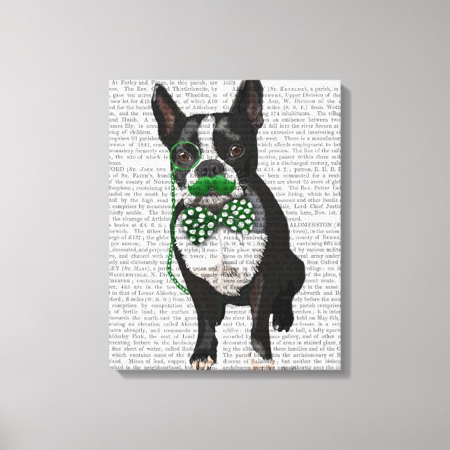 Impressão Em Tela Boston Terrier com bigode verde e gravata picada (Frente)