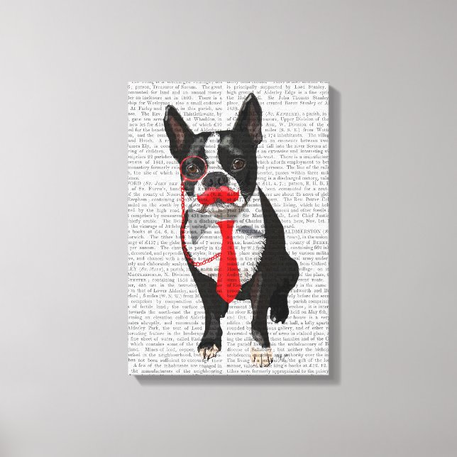 Impressão Em Tela Boston Terrier com gravata vermelha e bigode (Frente)