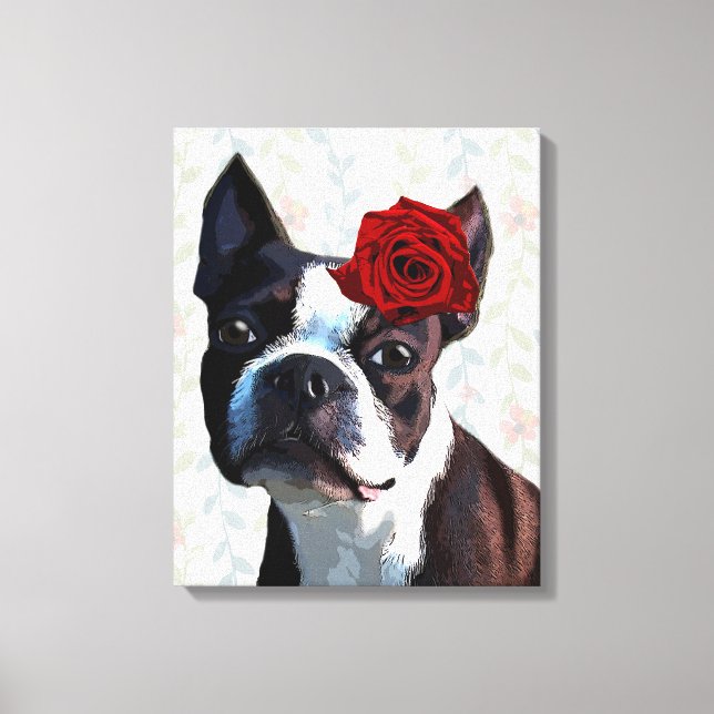 Impressão Em Tela Boston Terrier com Rosa na cabeça (Frente)