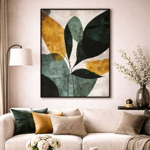 Impressão Em Tela Botânica Abstrata Verde Mostarda Texturizada Minim
