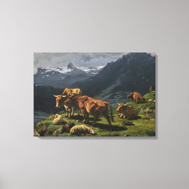 Impressão Em Tela Bovinos e Ovinos numa Paisagem Alpina (Frente)