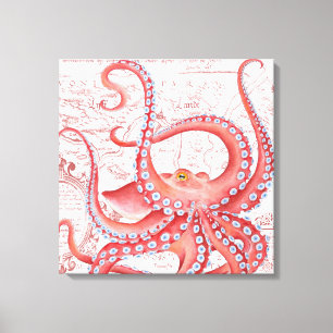 Impressão Em Tela Branco do Mapa de Vintagem do Octopus Vermelho