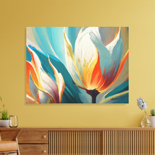 Impressão Em Tela Brilho Floral Abstrato em Azul Turquesa e Laranja