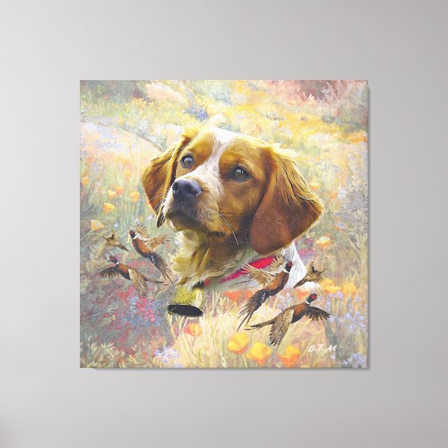 Impressão Em Tela Brittany Spaniel Art , caça aos faisões (Frente)