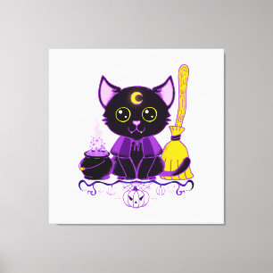 Impressão Em Tela Bruxa de Gato Preto de Halloween Fofo
