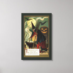 Impressão Em Tela Bruxa de Halloween Vintage Mexendo Caldeirão Mágic