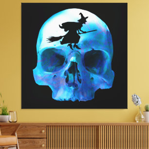 Impressão Em Tela Bruxa e Caveira do Halloween