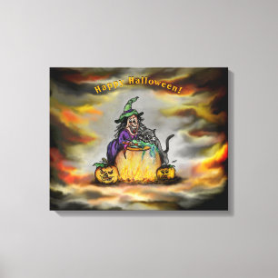 Impressão Em Tela Bruxa e Gato Negro, Feliz Halloween!