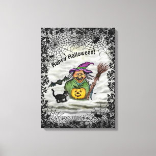 Impressão Em Tela Bruxa, Gato, Bat e Pumpkin, Feliz Halloween!