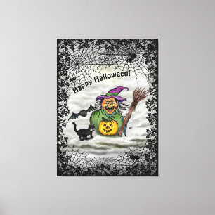 Impressão Em Tela Bruxa, Gato, Bat e Pumpkin, Feliz Halloween!