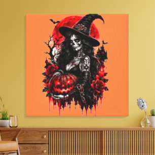 Impressão Em Tela Bruxa Gótica Abóbora Halloween Gato Preto Assustad