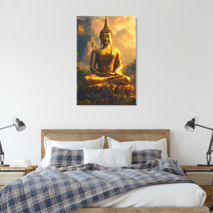 Impressão Em Tela Buda Sentado Dourado sob um Céu de Pôr do Sol