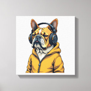Impressão Em Tela Buldogue Antigo de Headphones Vestindo Capuz Músic