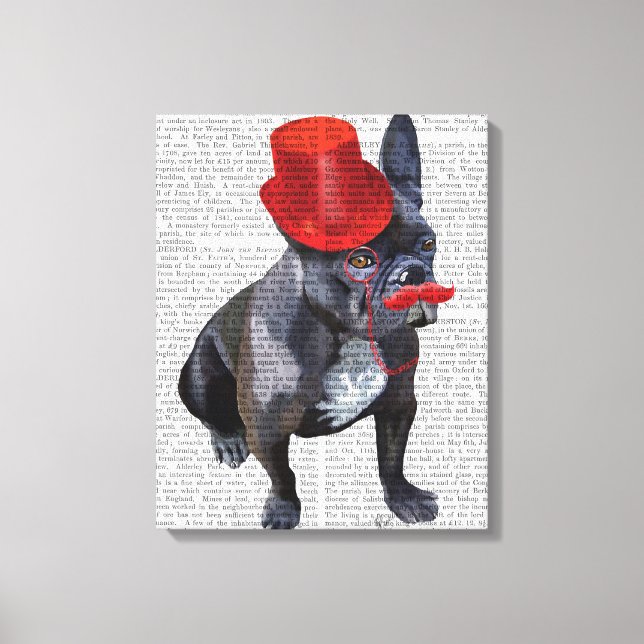 Impressão Em Tela Buldogue Francês com Chapéu Vermelho e bigode (Frente)