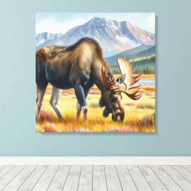 Impressão Em Tela Bull Moose Grazing in Alaska Watercolor (Insitu(piso de madeira))
