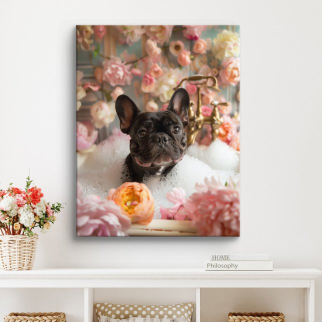 Impressão Em Tela Bulldog Art Francês | Francês na Banheira de Batht (Black French Bulldog Art)