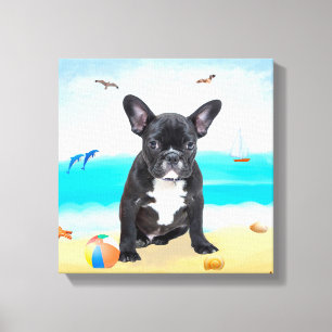 Impressão Em Tela Bulldog francês na praia