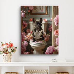 Impressão Em Tela Bulldog Francês no Banheiro   Arte de Frenchie Ban