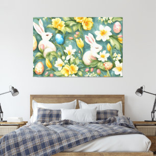 Impressão Em Tela Bunnies, Flores de primavera e Ovos de Páscoa. Pin