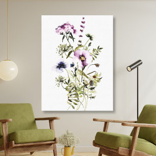 Impressão Em Tela Buquê de Flores Silvestres Roxas Aquarela Floral