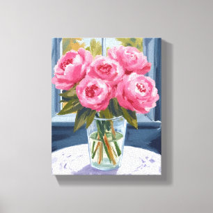 Impressão Em Tela Buquê de Peônia Corada Pintura de Flor Rosa