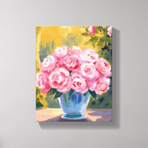 Impressão Em Tela Buquê de Rosa Rosa Vaso Floral Aquarela
