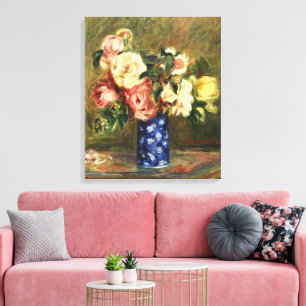 Impressão Em Tela Buquê de Rosas Rosa Renoir Vintage Arte Vaso Azul