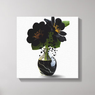 Impressão Em Tela Buquê Floral Preto Elegante em Vaso de Mármore.