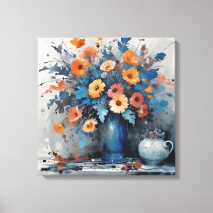 Impressão Em Tela Buquê Floral Vibrante de Aquarela Azul