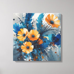 Impressão Em Tela Burst Floral Laranja com Aquarela Azul