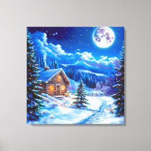 Impressão Em Tela Cabana de Natal de Inverno Nevado sob a Lua
