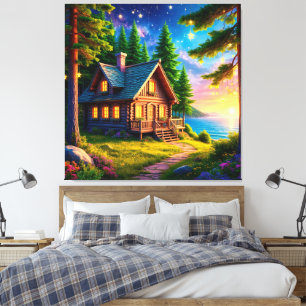 Impressão Em Tela Cabana Encantadora à Beira de um Lago sob o Céu Es