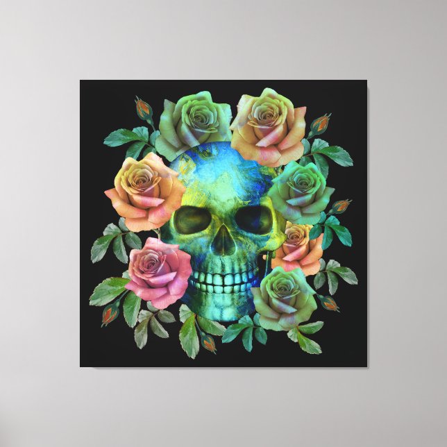 IMPRESSÃO EM TELA CABEÇA DE MORTE VERDE COM FLORES (Frente)