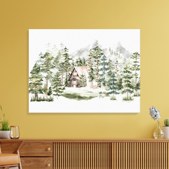 Impressão Em Tela Cabina de Aquarela na Floresta de Pinheiros Verdes (Insitu(Sala de estar))