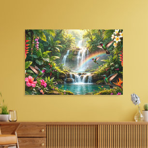 Impressão Em Tela Cachoeiras Arco-íris Beija-flores Esconderijo Trop