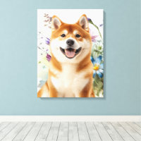 Cachorro Akita Shiba Inu com Flores de Aquarela Az