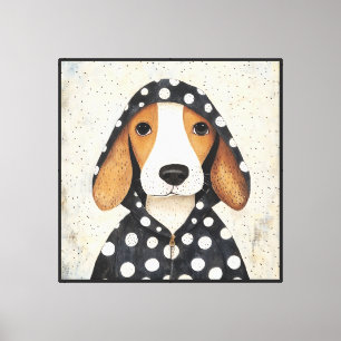 Impressão Em Tela Cachorro Beagle Triste com Capuz de Bolinhas